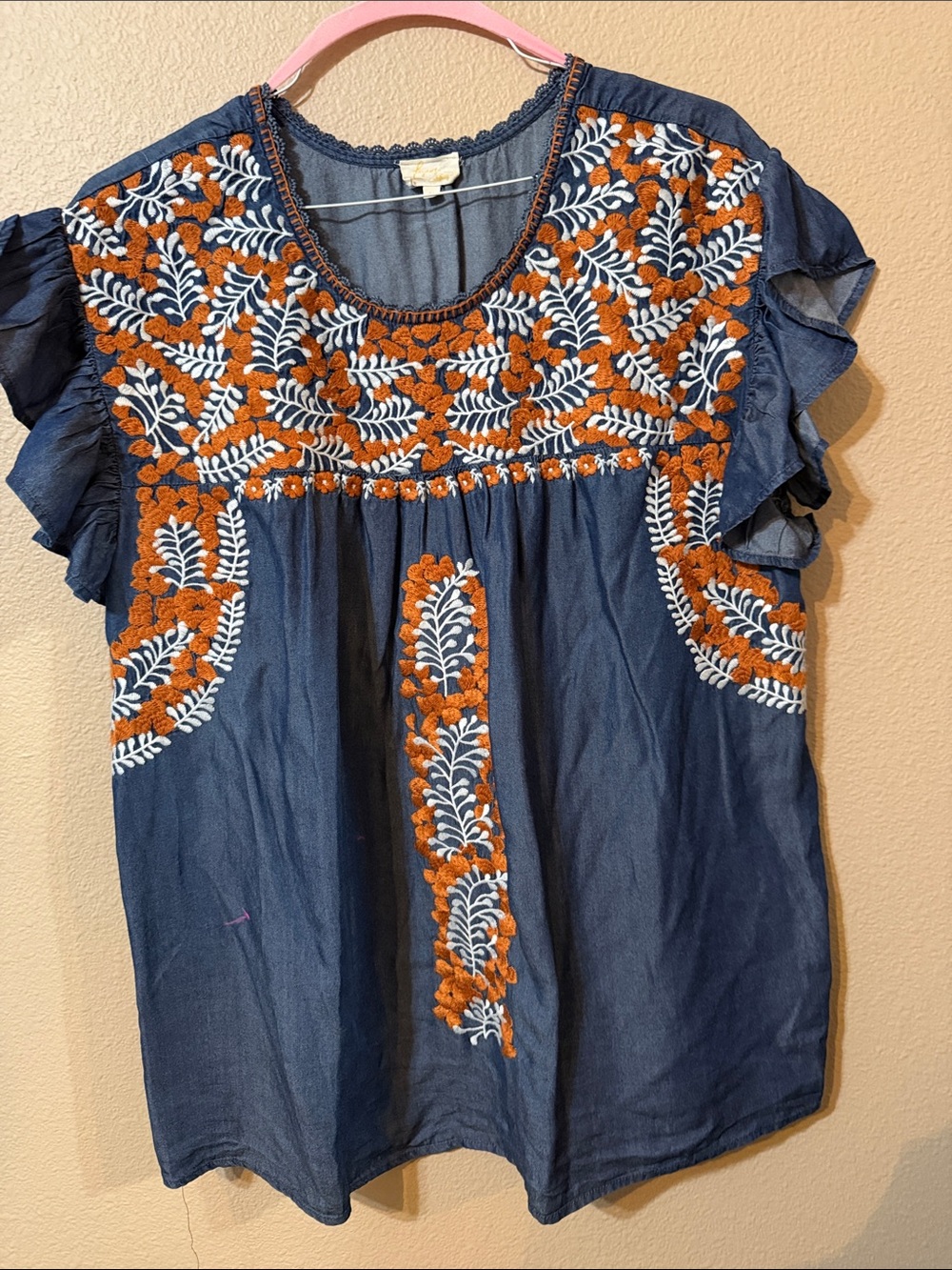 Women’s Embroidered Navy Blue Flutter Sleeve Top - Orange & White Detail